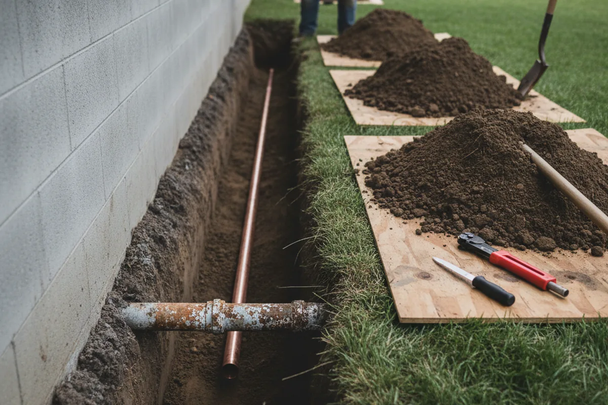 Excavated water line trench during Water Softener Installation in Spencer